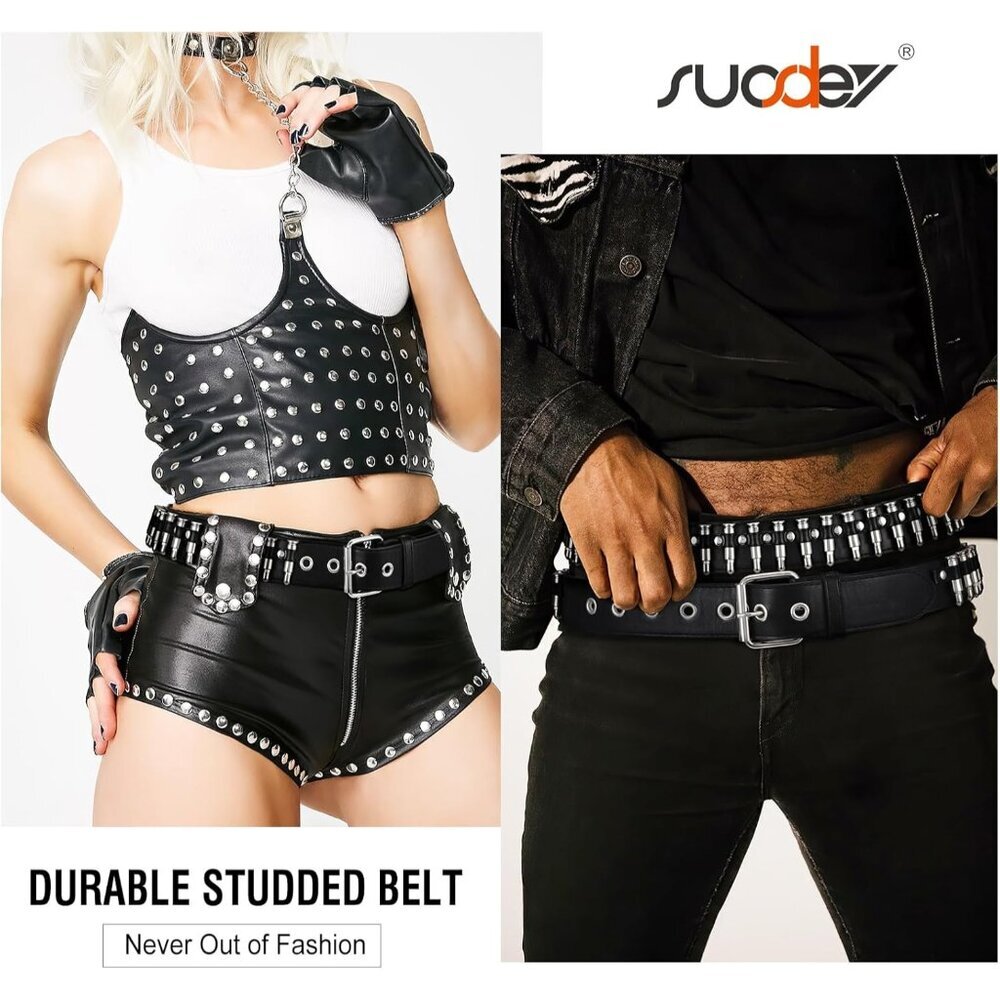 Black Studded Belt Silver Metal Grommet Punk Rock Style for Men Women - Picture 2 of 8